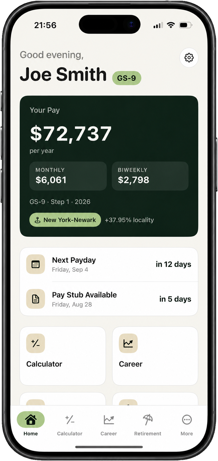 GS Paid running on iPhone: a GS-9 Step 1 salary of $72,737 per year, with monthly and biweekly amounts, a New York-Newark locality badge, and a countdown to the next payday.